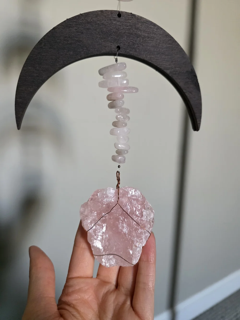 Handcrafted Moon Phase Wall Hanging with Rose Quartz & Copper Accents